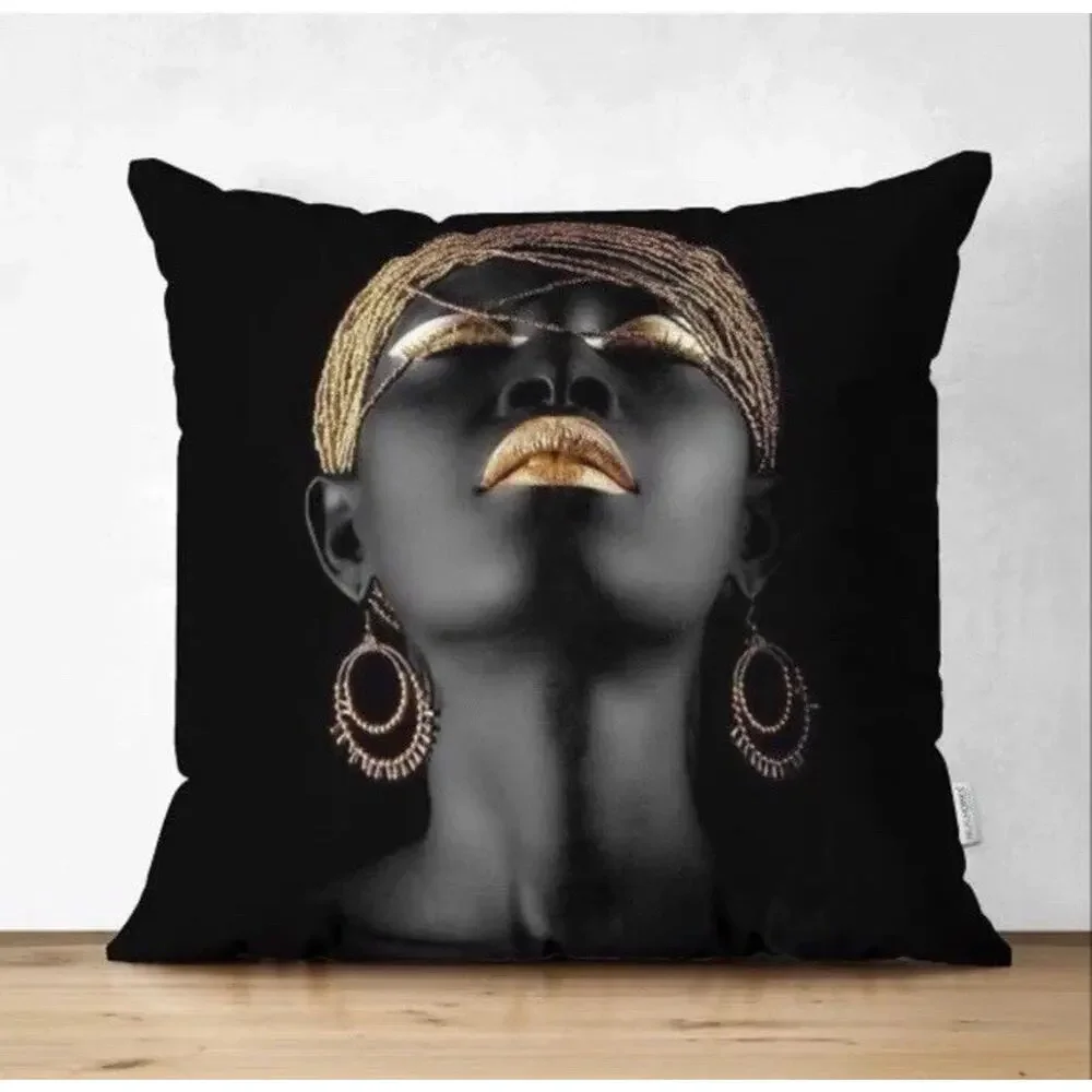 Black Gold African Woman Throw Pillow Case Cover Modern Glam Cushion Art Decor